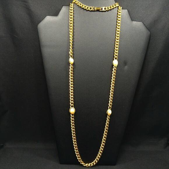 Vintage Long Gold Plated Chain Necklace, 4 Pearled Reversible Cabochons, 36 Inch - Picture 4 of 9